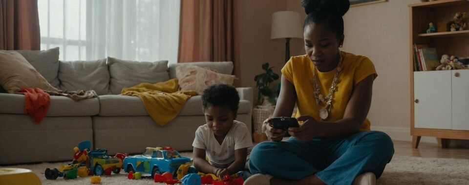 A young Nigerian sitting in her living room on a phone call, with her child playing with toys